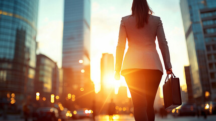 Business Professional Walking Towards Sunset in Urban Setting with City Skyscrapers in the Background
