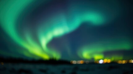 Aurora Borealis Displaying in Night Sky with Green Light