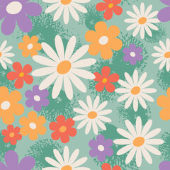 Obraz premium Seamless pattern with bright summer flowers on textured background. Hand drawn fabric, gift wrap, wall art design in vector.