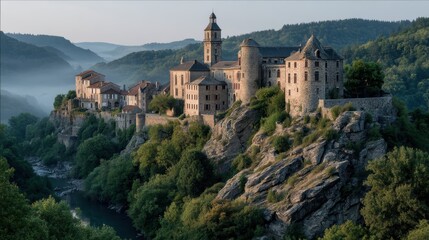 ancient castle perched on hill with surrounding forest misty morning light ideal historic vacation destination