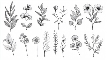 Elegant White Background Floral Illustrations for Designs and Projects