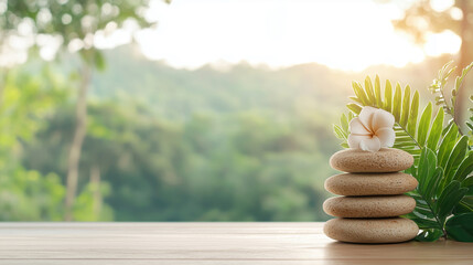 Serene Stacked Stones with Flower and Green Leaves in a Natural Landscape Setting During Sunset