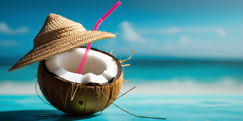 A coconut placed on a turquoise background. The coconut has a straw inserted and appears to have been recently split open