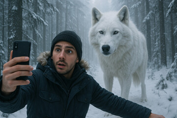 Influencer Taking Selfie in Snowy Forest with Massive White Wolf &ndash; Surreal Winter Adventure