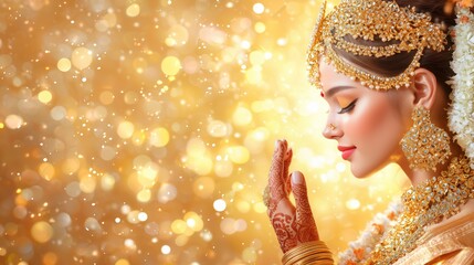Elegant Woman in Traditional Attire with Decorative Jewelry Against a Shimmering Golden Background