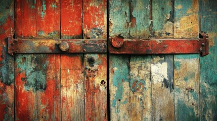 Close-up of a weathered wooden door with peeling paint and a rusty metal latch.
