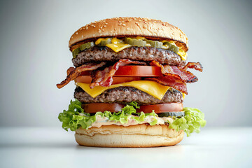 Juicy Four-Patty Burger with Bacon, Cheese, Lettuce, Tomato, Pickles, and Mayo on a Sesame Seed Bun
