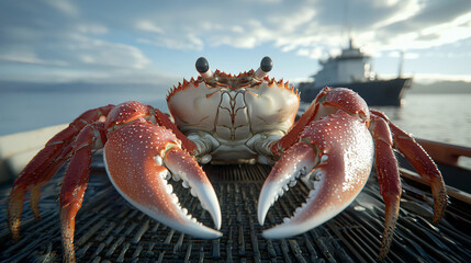 Realistic 3D Crab Model with Detailed Texture in Marine Setting Near Fishing Boat