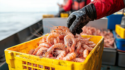 Freshly Caught Shrimp in Yellow Basket on Fishing Boat Near Open Water in Bright Natural Light