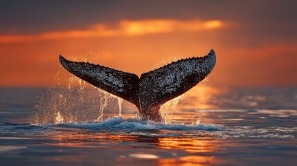 Whale tail splashing in ocean sunset glow symbolic of marine wildlife conservation emotion and awe