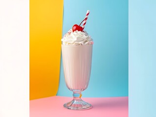 Indulgent Retro Milkshake Dessert with Whipped Cream and Cherry in Pastel Beverage Glass - Perfect Summer Café Drink