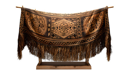 Maori flax cloak replica with fringe edges, tribal wear, displayed on minimalist stand, isolated  