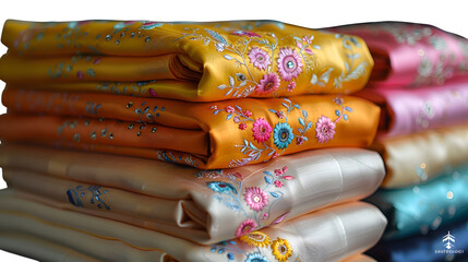 Malaysian baju kurung in soft pastel tones, folded and ironed with visible embroidery, isolated  