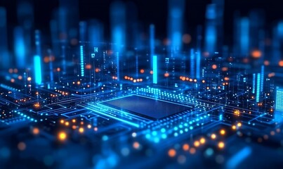 Fototapeta premium Microchip On A Black Circuit Board With A Blue Backlight 