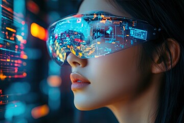 Woman with futuristic glasses, holographic interface