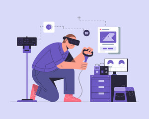Immersive VR Experience: Man Interacting with Virtual Reality Technology and Digital Interfaces