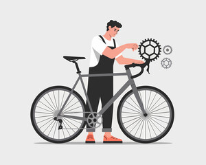 Bike mechanic repairing gears on a bicycle, maintenance, and service for a road cycle.