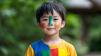 Smiling Asian Boy With Painted Face in Colorful Shirt Posing for Portrait in Green Garden Background