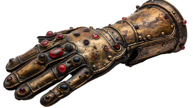 Medieval knight gauntlet as fashion prop, laid flat, heavy metallic detailing, isolated object  