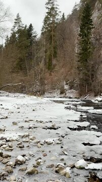 Frosty winter walk to Tomasovsky view, the rock protuberance providing wonderful views in National Park of Slovensky raj, Slovakia
