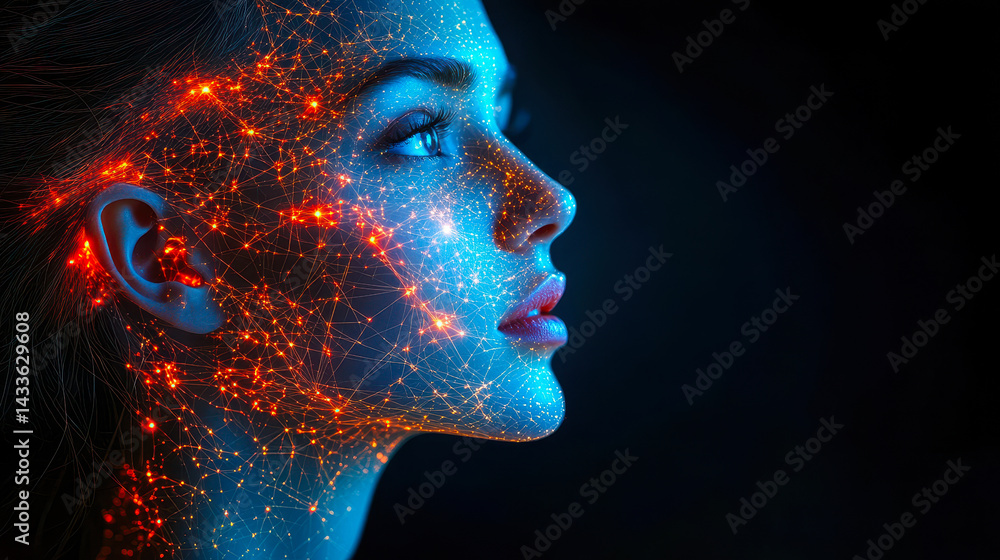 Poster woman's profile with neon network nodes on dark background, illuminated by ai conceptual glowing net