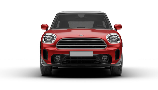 Red Mini Cooper Countryman 2025 displayed in a clean front view on transparent background, highlighting the car&rsquo;s modern grille and headlights.