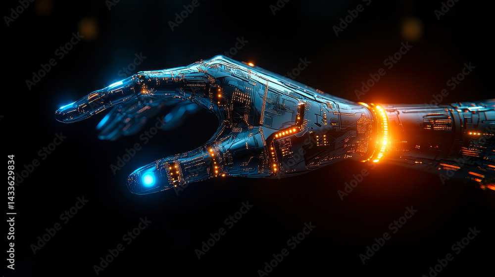 Poster futuristic robotic hand with illuminated circuits and glowing fingertip reaching out on black backgr