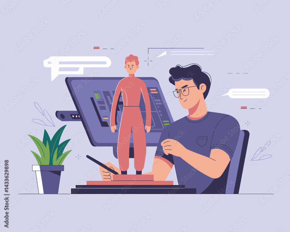 Poster animator creating a digital 3d character model using a graphics tablet and computer screen in a styl