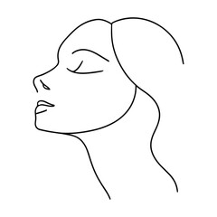 Minimal female portrait, line art. Hand drawn boho girl. Abstract woman face, close eyes, long hair. Vector logo design
