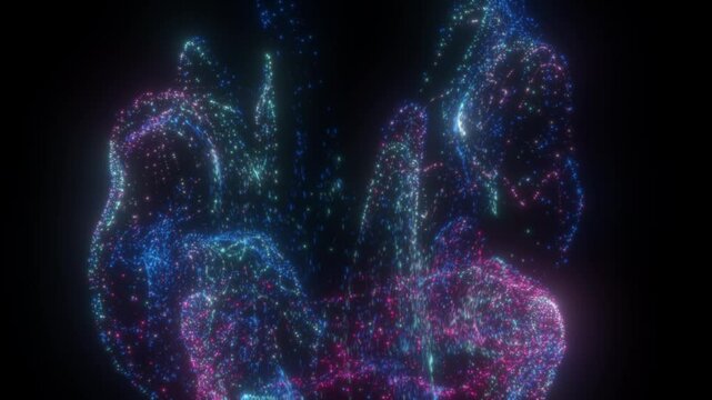 4K 60fps Video. Fluid particles. Bokeh blue and purple lights slow motion. Overlay template of glowing dust. 2026 Xmas