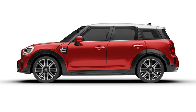 Red Mini Cooper Countryman 2025 side profile from the left, showing clear styling and wheel design on transparent background.