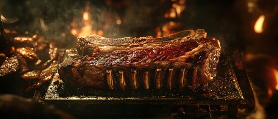 Close up of a juicy, grilled rack of ribs over an open fire with smoke rising above.