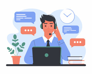 Illustrative Customer Support Agent with Laptop and Headset, Chat Bubbles and Office Desk
