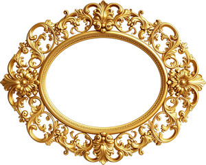 Ornate oval frame made of gold with intricate floral and scrollwork designs. Decorative element for vintage designs, invitations, and photo frames.