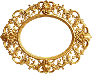 Ornate oval frame made of gold with intricate floral and scrollwork designs. Decorative element for vintage designs, invitations, and photo frames.