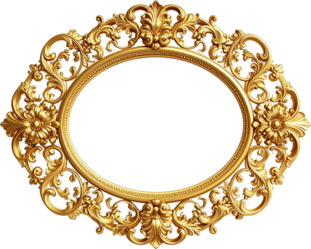Ornate oval frame made of gold with intricate floral and scrollwork designs. Decorative element for vintage designs, invitations, and photo frames.