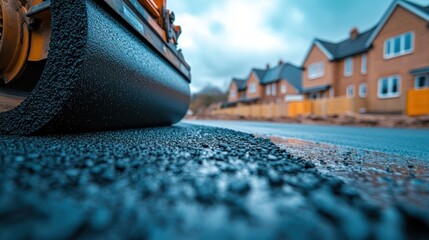 A close-up of a road roller working on a new asphalt road in front of a row of newly built houses.