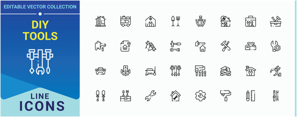 DIY Tools icon set. Contain linear symbols house, home, tools, interior, repair, housework and more. Home Repair Tools icon set. Minimal linear icons. Vector artwork and illustration.