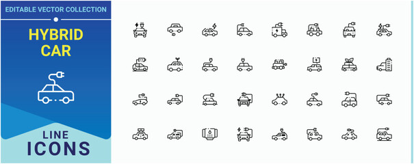 Hybrid Car modern icon set. Pack of electric, vehicle, car, eco, charging, auto, charge and more. Hybrid Vehicle icon set. Icons for UI designs. Editable stroke. Vector illustration.