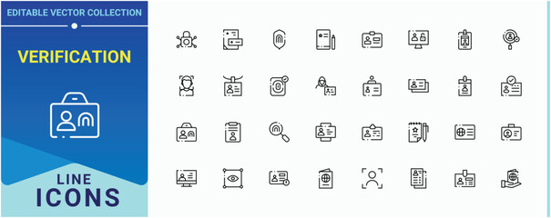 Verification line icon set. Included bio, identification, fingerprint, id, identify, information and more. Identity icon. Modern icons collection. Editable stroke vector art.