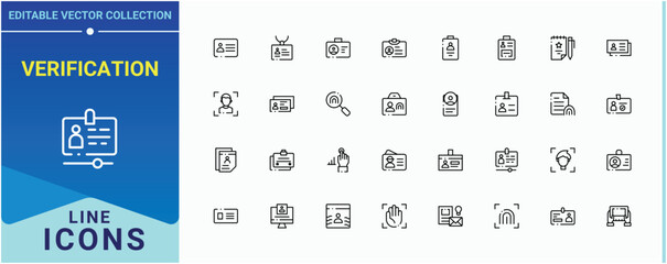 Verification related icon set. Related to information, fingerprint, id, bio, biometric, person. Identity modern icon set. Minimal icons pack. Pixel perfect. Editable stroke.