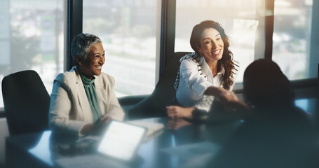 Meeting, handshake and women with smile, agreement and discussion for collaboration, happy or...