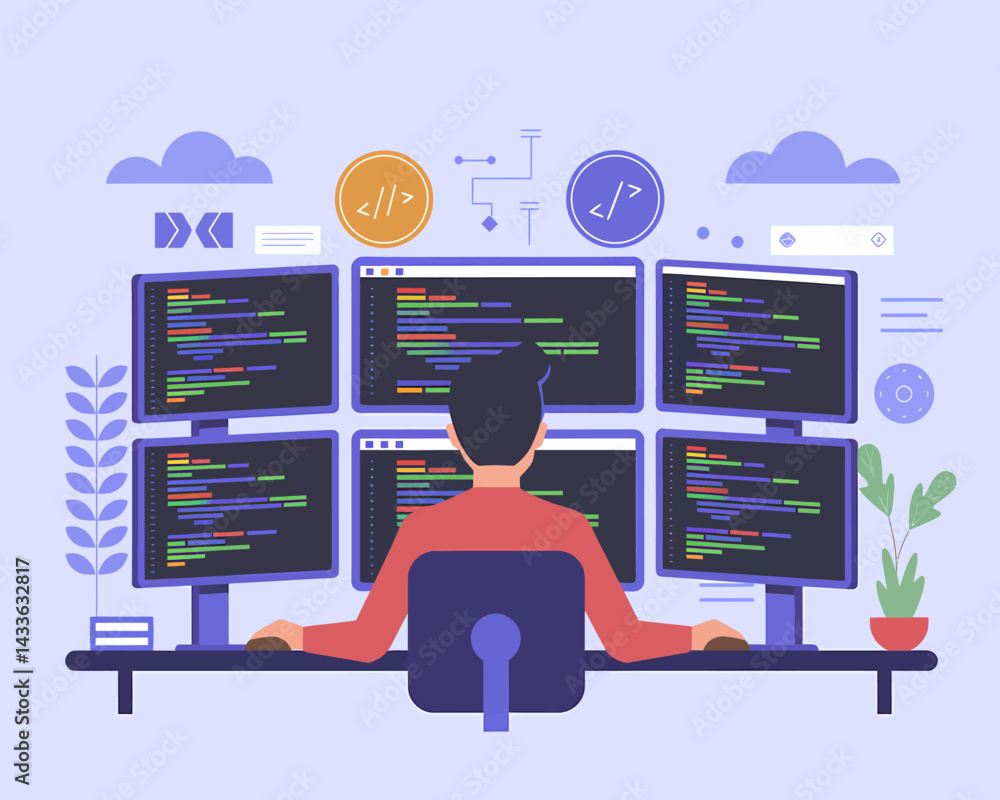 Poster illustrative programmer working on code across multiple screens in minimalist style
