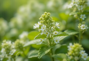 Fototapeta premium Photorealistic close-up of blooming lemon balm, small white flowers and soft green foliage, shallow depth of field
