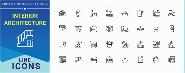Interior Architecture line icon set. Includes thin line symbols decoration, renovation, architect, room, decor and more. Interior Design line icon set. Editable stroke collections.
