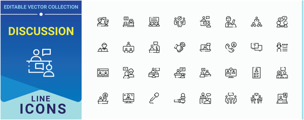 Discussion linear icon set. Pack of resource, presentation, meet, resume, human and more. Interview icon set. Vector icons collection. Pixel perfect. Editable stroke.