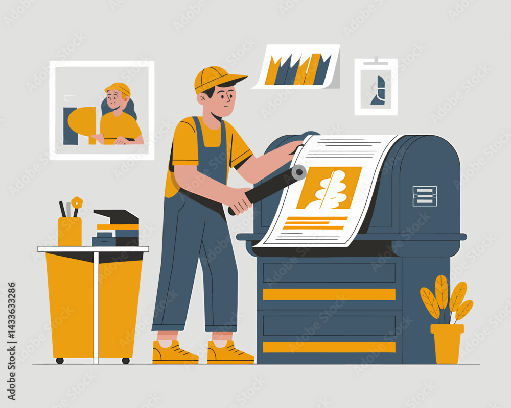 Poster print shop worker inspecting large format print quality for color accuracy and design fidelity