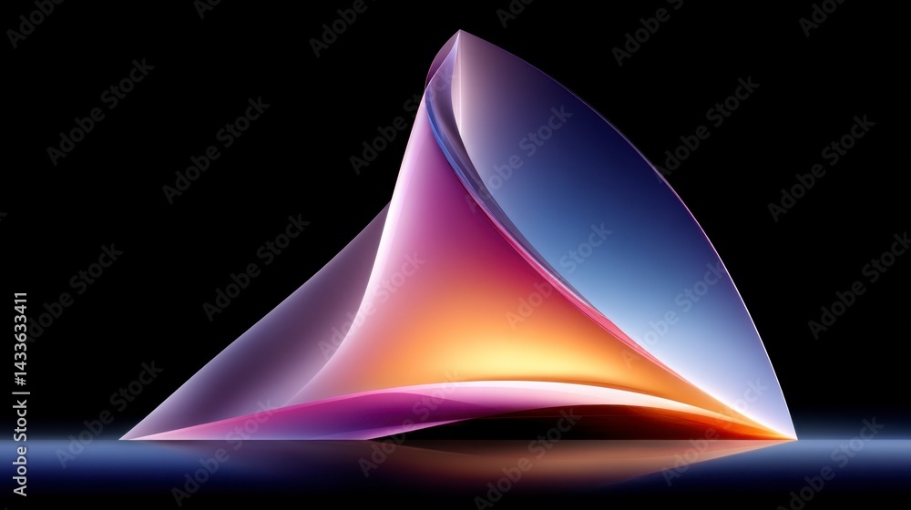 Poster abstract artwork featuring a translucent, geometric form with warm and cool color gradients against 