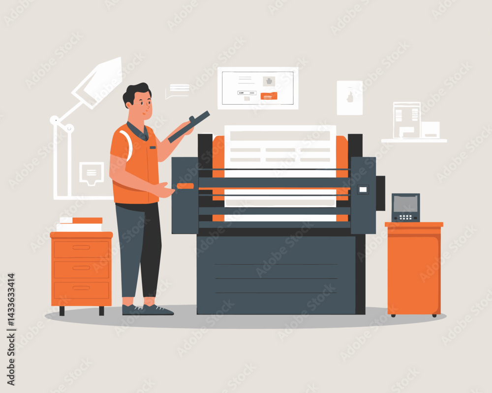 Aufkleber man operating plotter in printing company, large format printer for posters and advertising graphics
