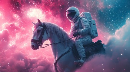 Fototapeta premium An astronaut riding a white horse through a pink and blue nebula with a starry backdrop.